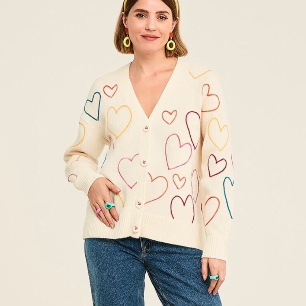 XOKR Kerri Rosenthal Heart Cream Sweater  multicolor embroidery Msrp $225